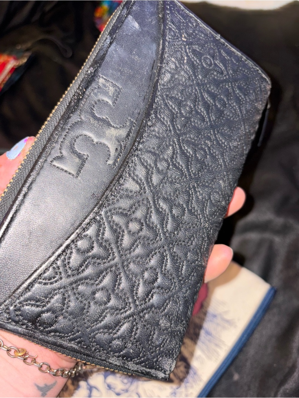 Tory Burch Black Embossed Leather Card Zip Wallet